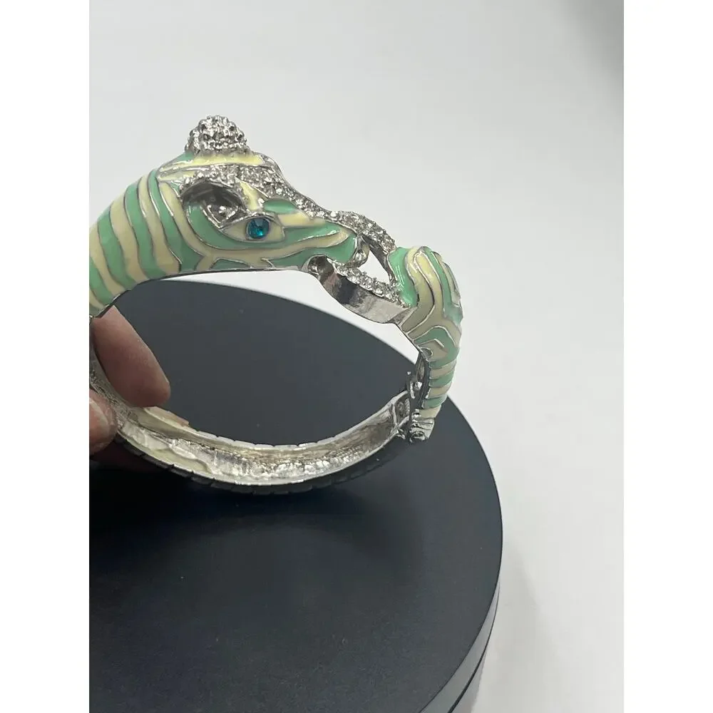 Mint and Cream Zebra with‎ Stripes Hinged Rhinestone Blue Eyes Bangle Bracelet